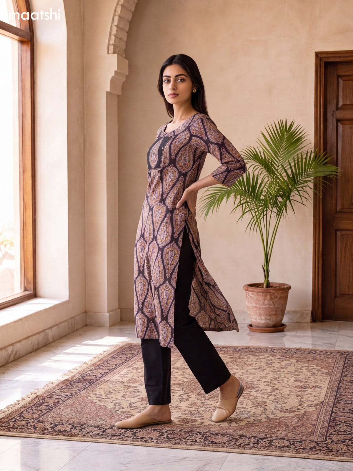 Black and Biege Cotton Printed & Simple Embroidery Work Straight Kurti