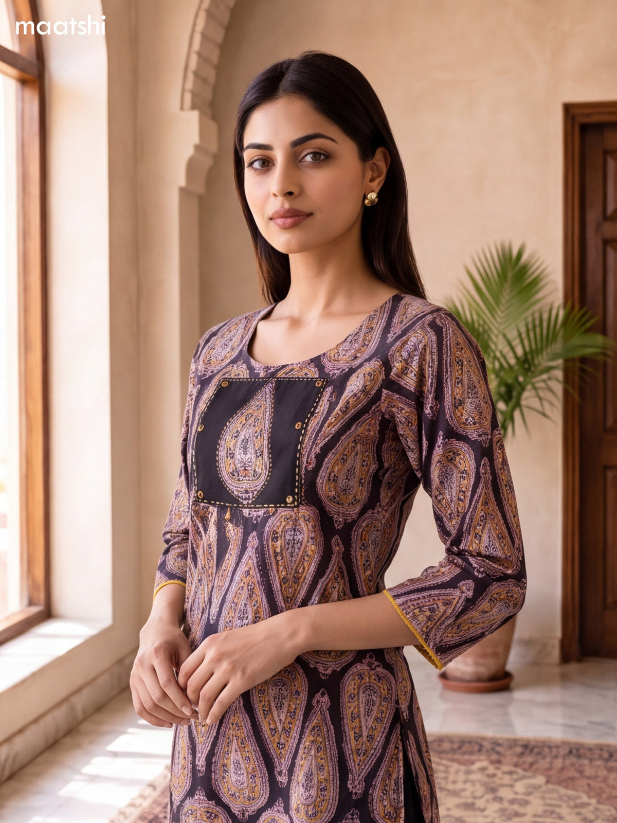 Black and Biege Cotton Printed & Simple Embroidery Work Straight Kurti