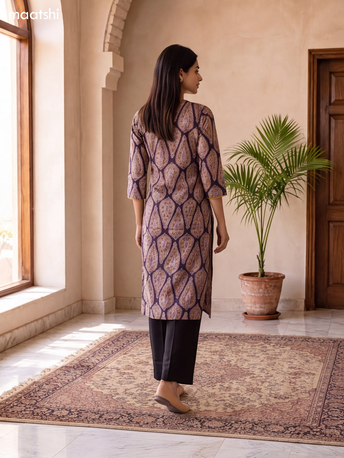 Black and Biege Cotton Printed & Simple Embroidery Work Straight Kurti