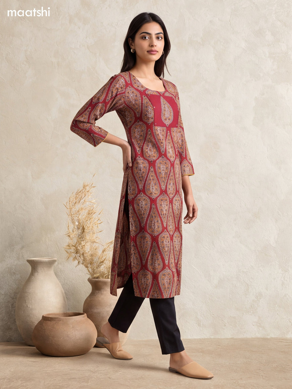 Maroon and Biege Cotton Printed & Simple Embroidery Work Straight Kurti