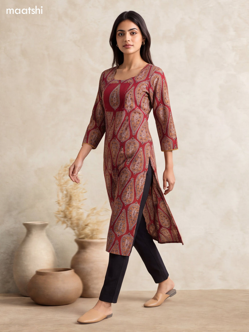 Maroon and Biege Cotton Printed & Simple Embroidery Work Straight Kurti