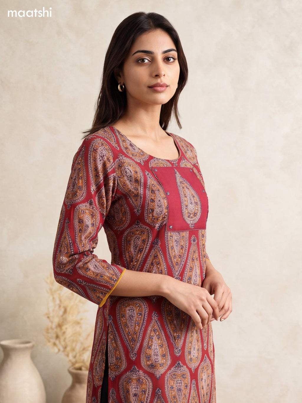 Maroon and Biege Cotton Printed & Simple Embroidery Work Straight Kurti