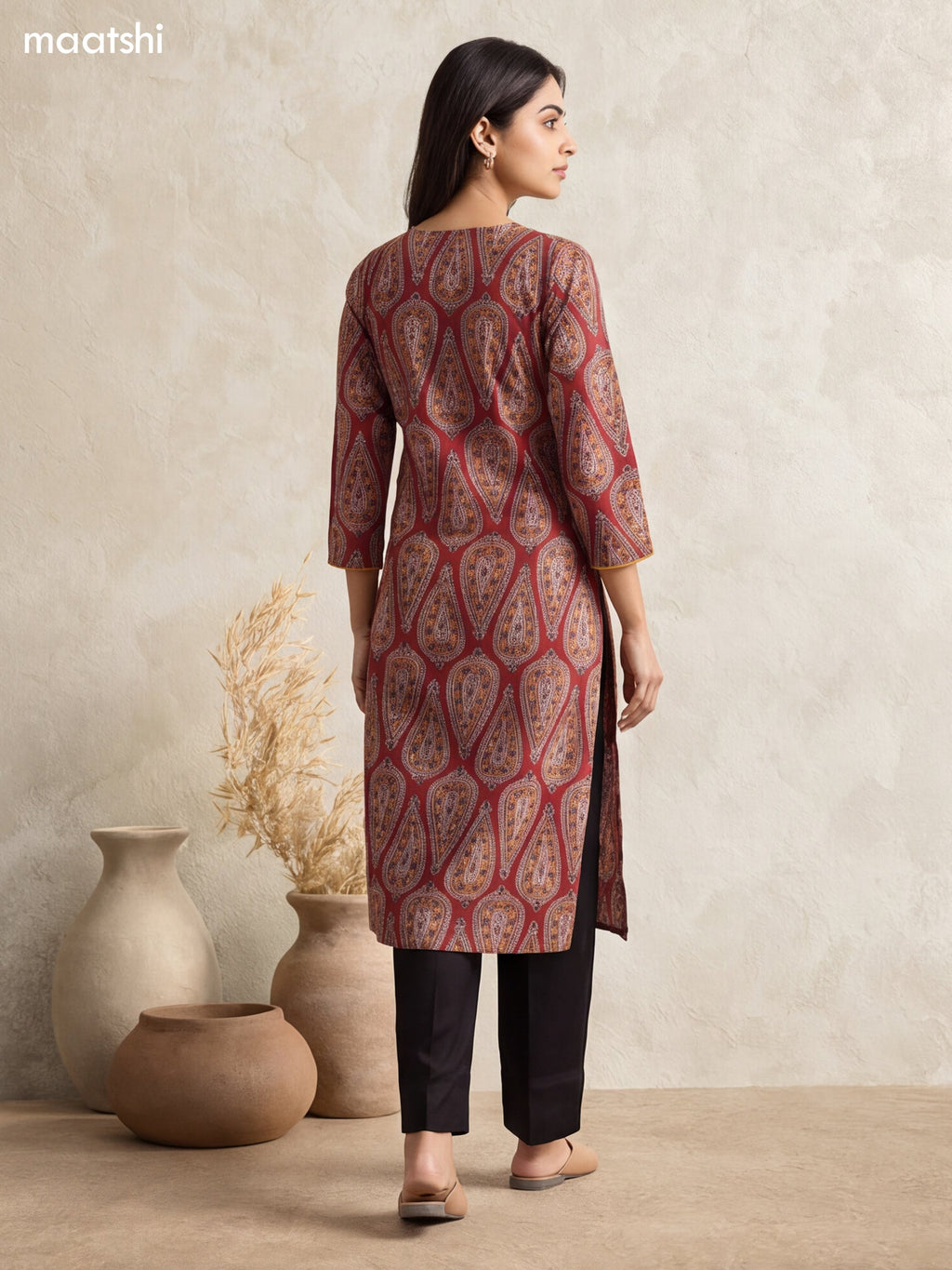 Maroon and Biege Cotton Printed & Simple Embroidery Work Straight Kurti