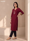 Maroon Cotton Embroidery Work Straight Kurti