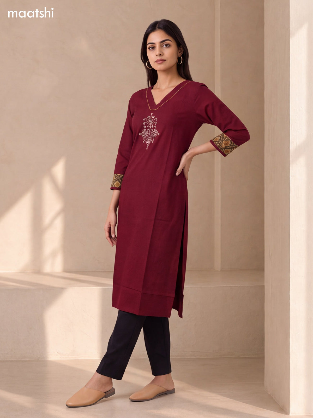 Maroon Cotton Embroidery Work Straight Kurti