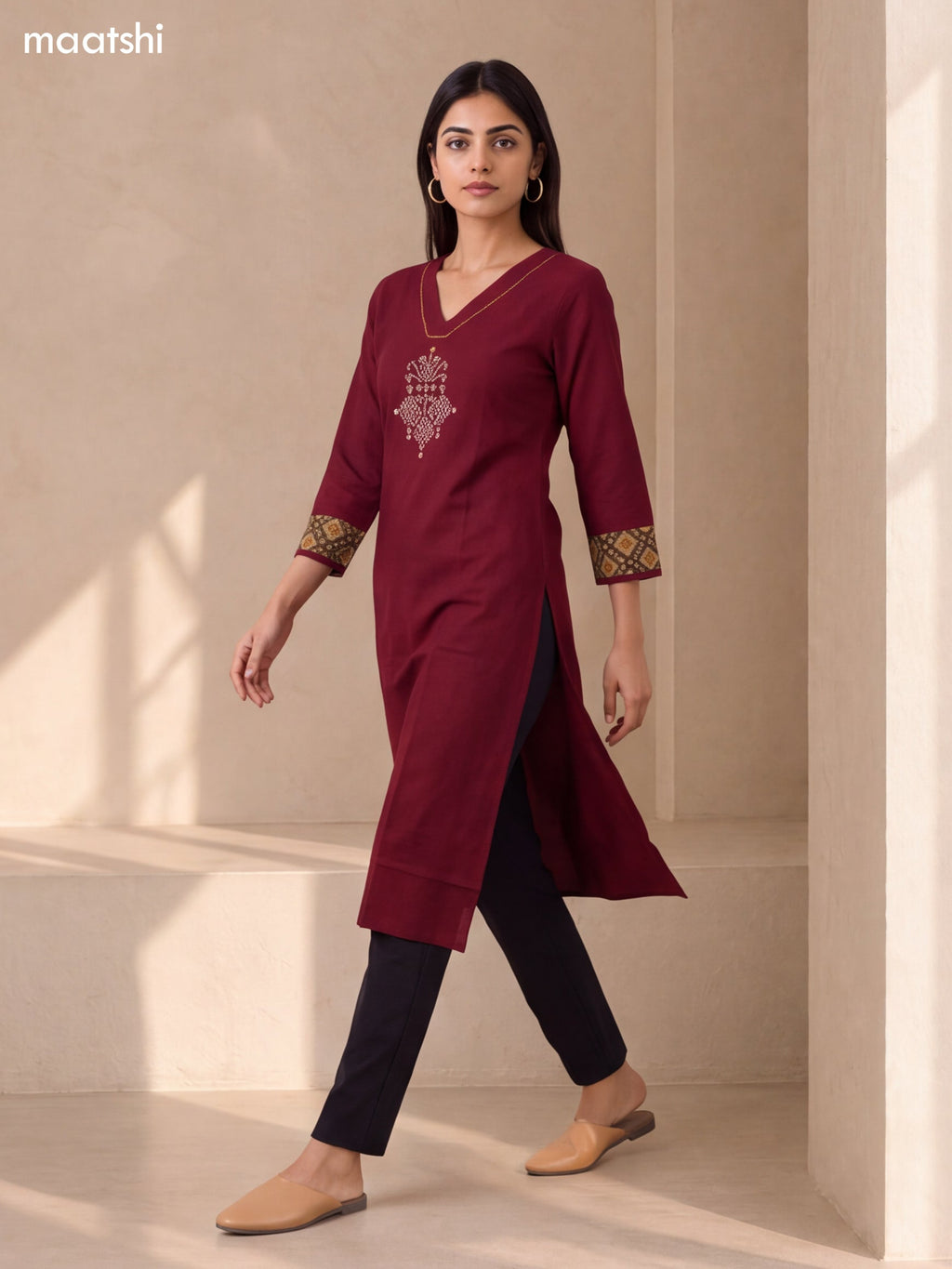 Maroon Cotton Embroidery Work Straight Kurti