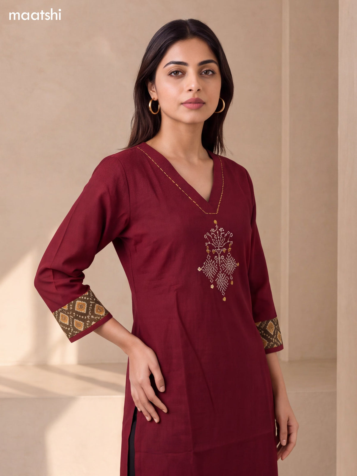 Maroon Cotton Embroidery Work Straight Kurti