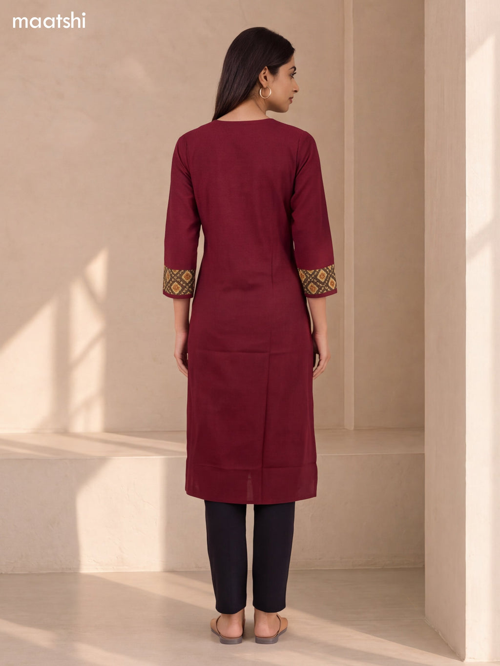 Maroon Cotton Embroidery Work Straight Kurti