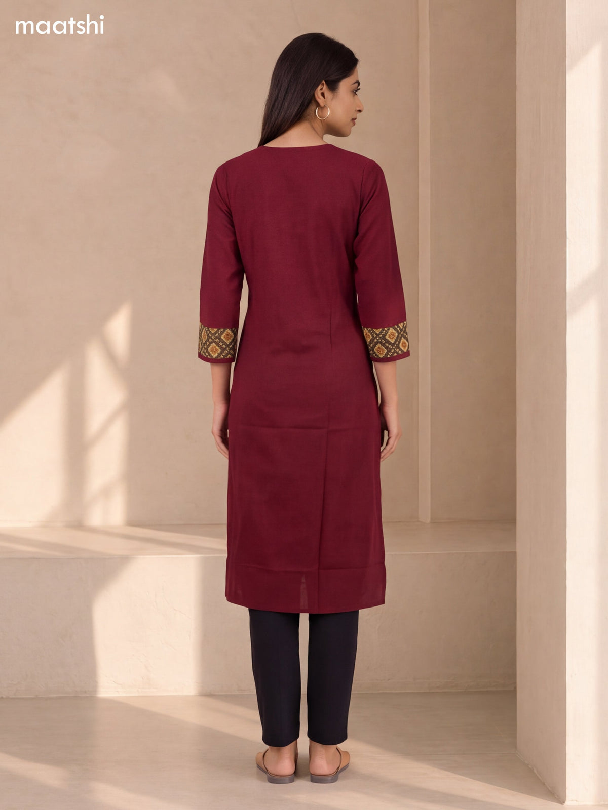 Maroon Cotton Embroidery Work Straight Kurti