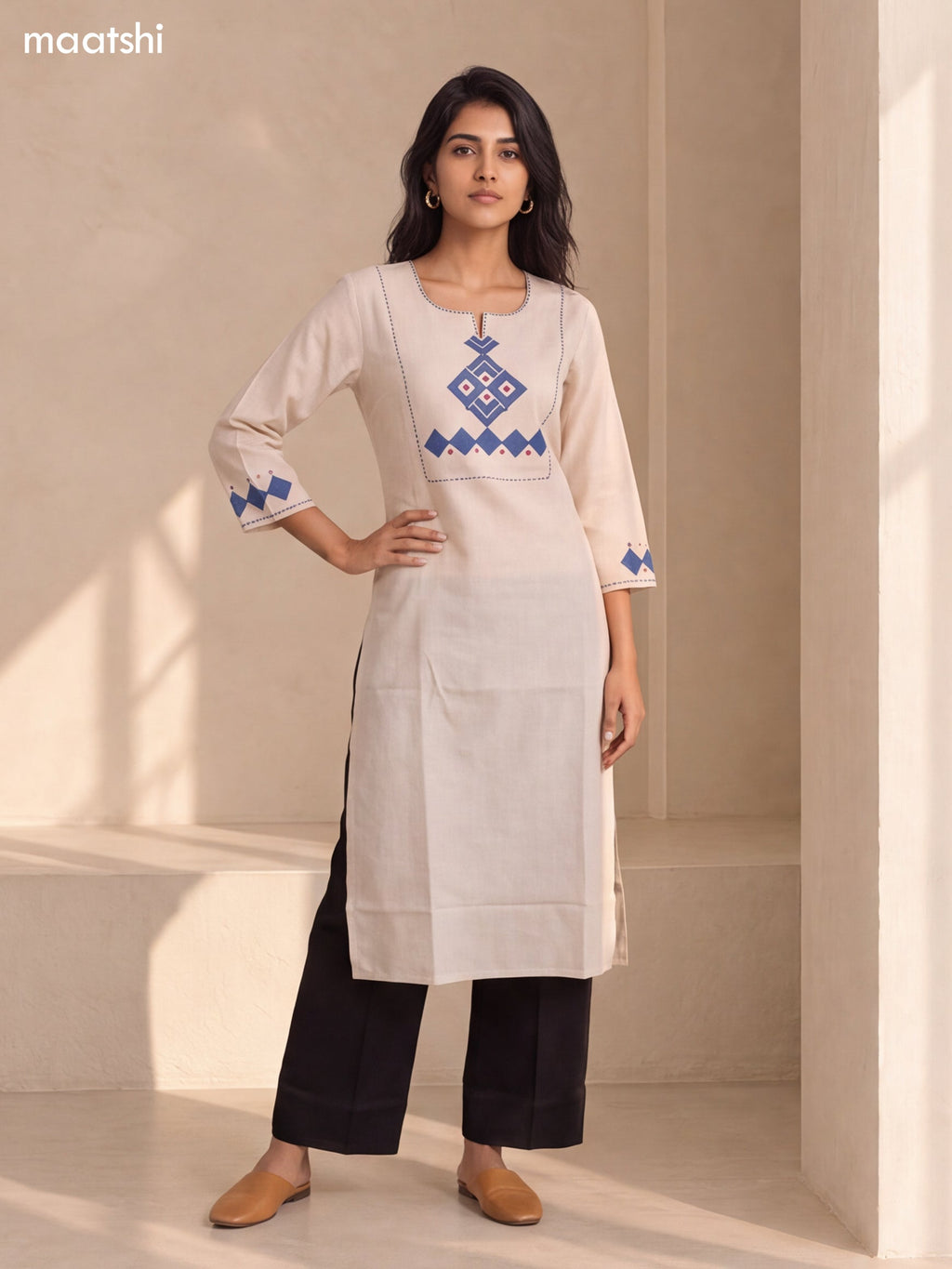 Biege and Blue Cotton Embroidery Work Straight Kurti