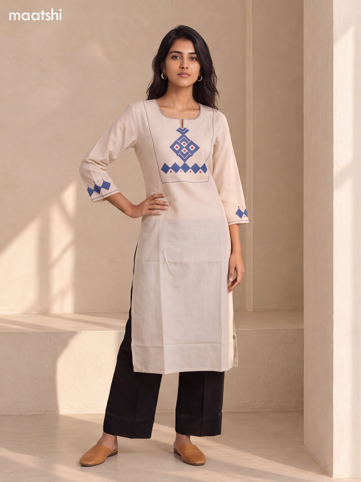 Biege and Blue Cotton Embroidery Work Straight Kurti