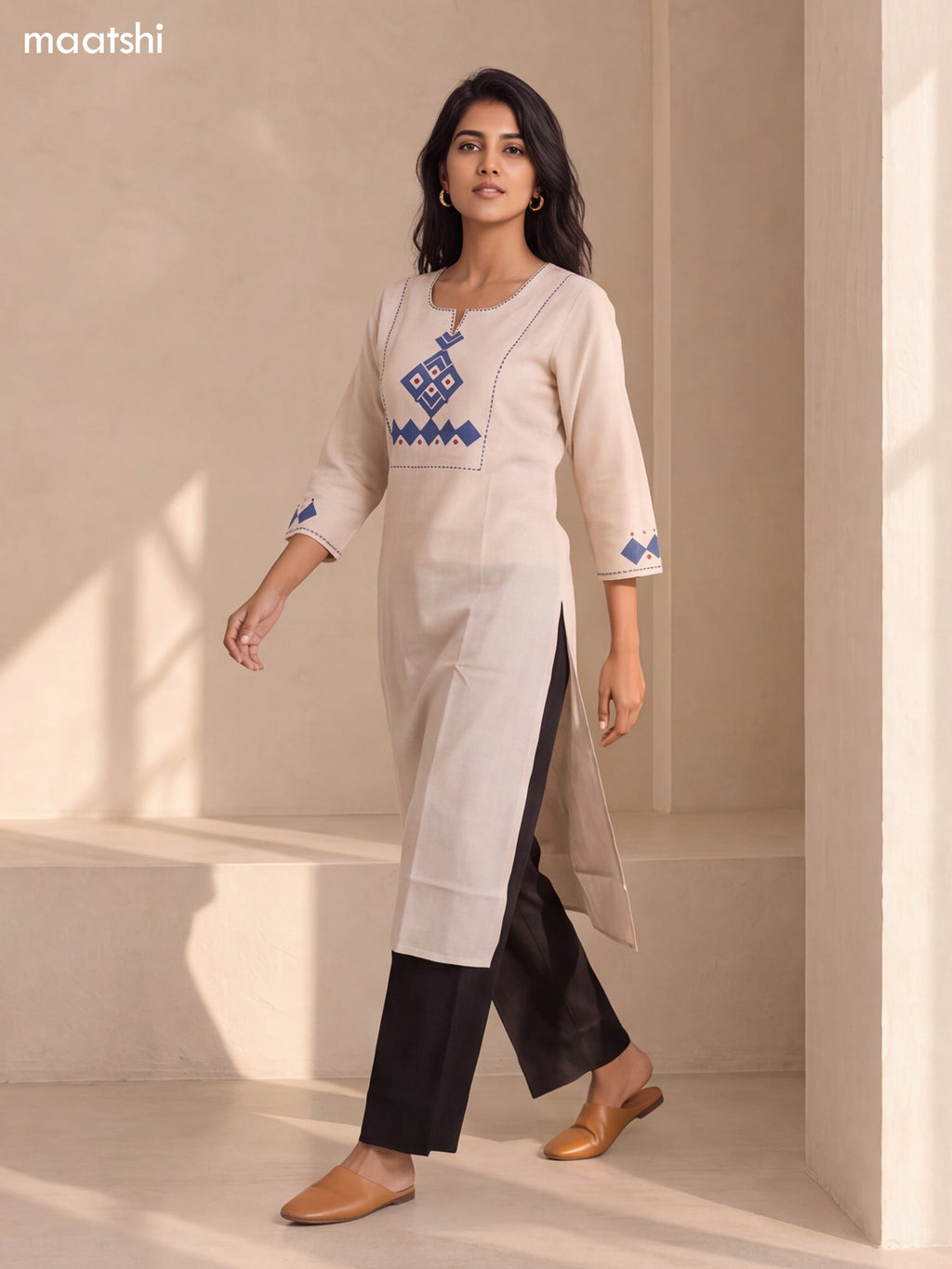 Biege and Blue Cotton Embroidery Work Straight Kurti