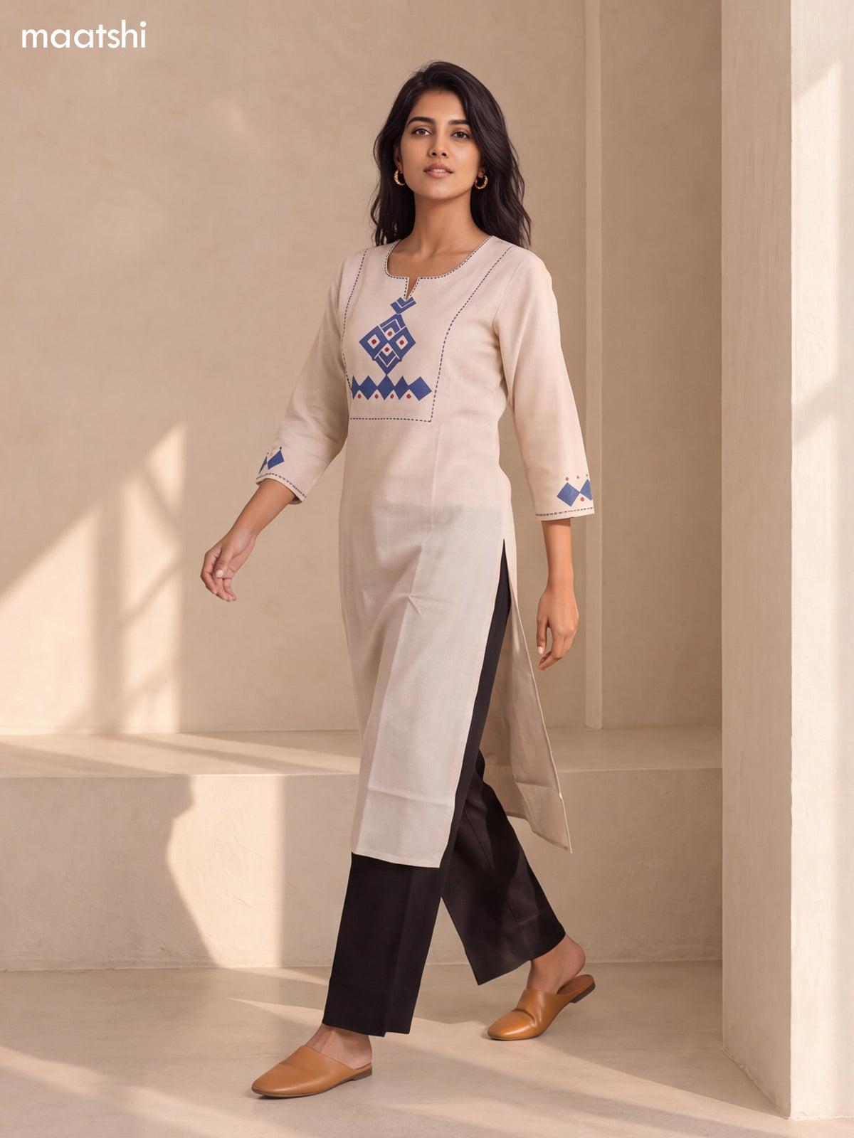 Biege and Blue Cotton Embroidery Work Straight Kurti