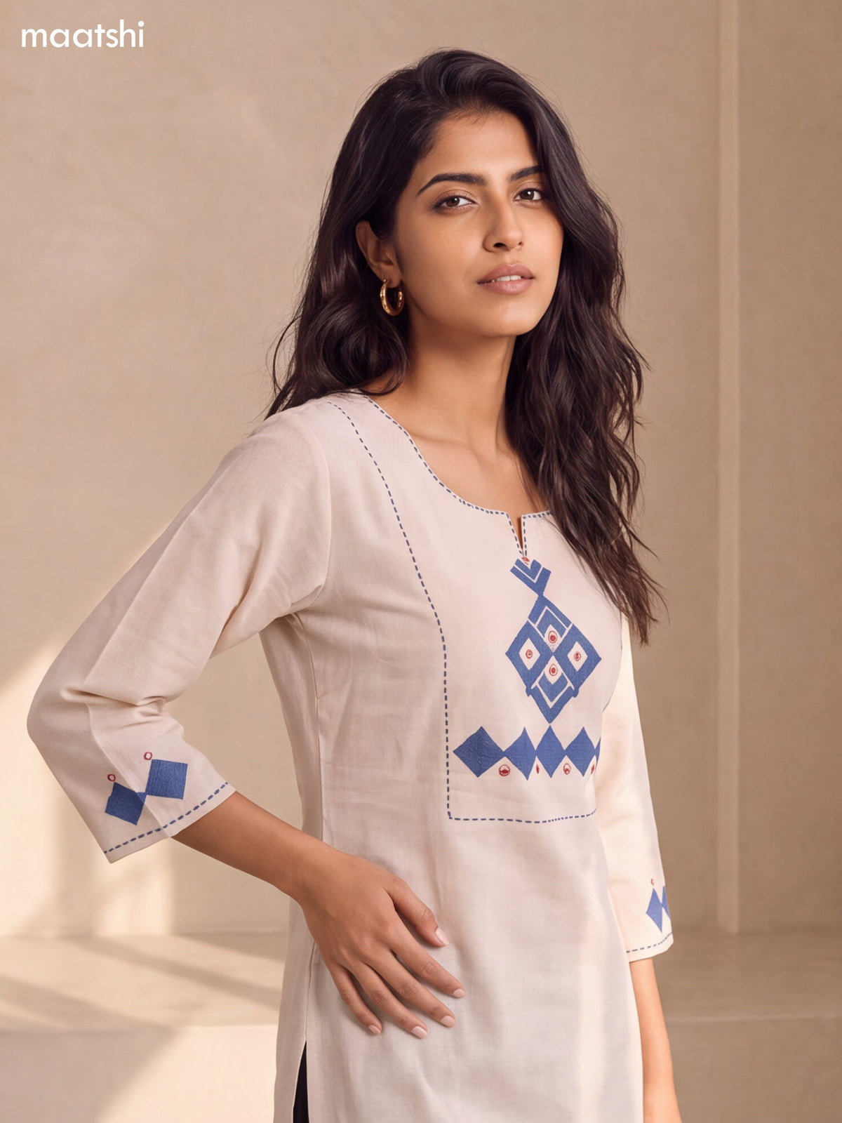 Biege and Blue Cotton Embroidery Work Straight Kurti
