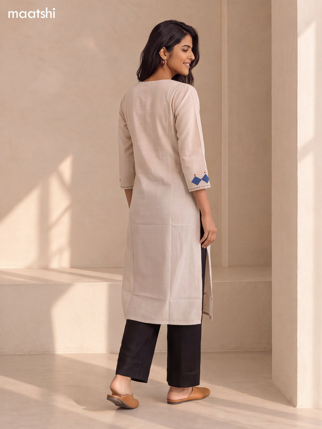 Biege and Blue Cotton Embroidery Work Straight Kurti