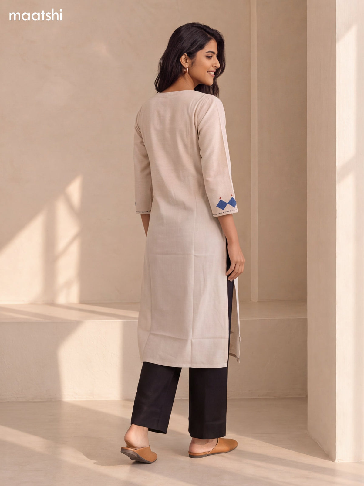 Biege and Blue Cotton Embroidery Work Straight Kurti