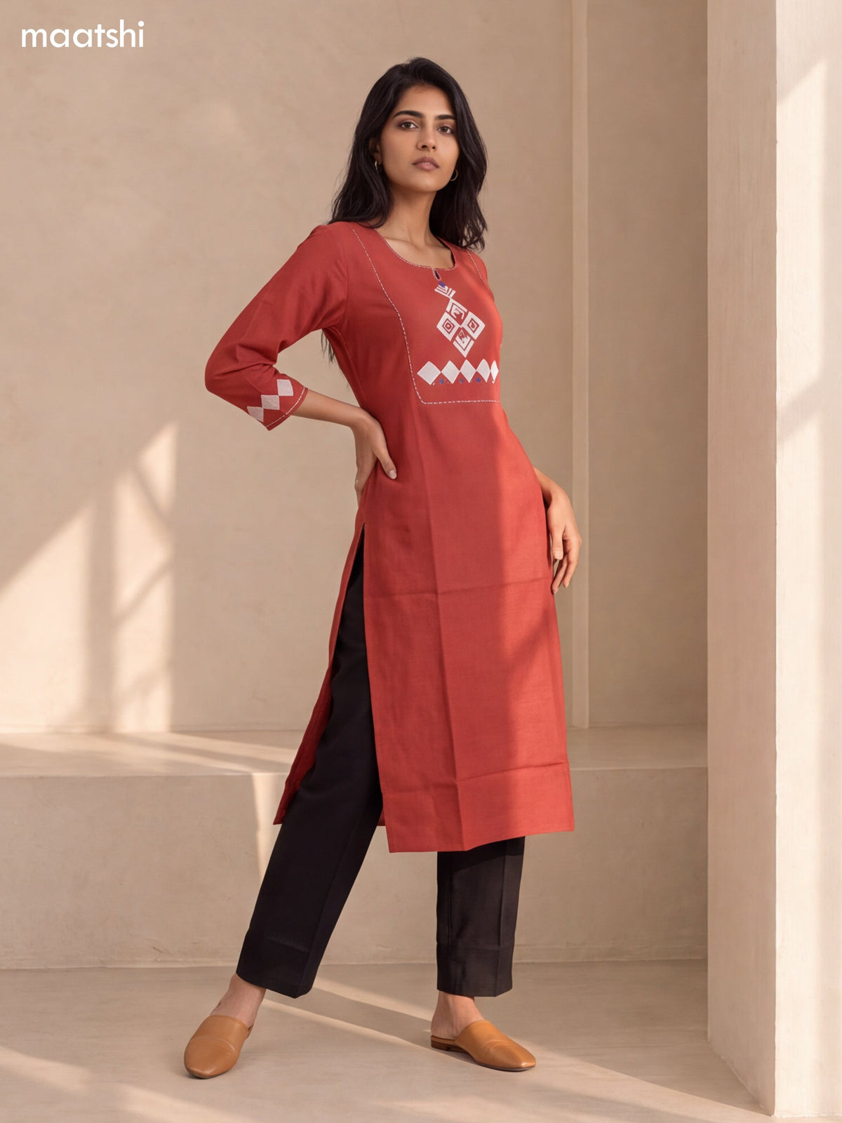 Rust and Biege Cotton Embroidery Work Straight Kurti