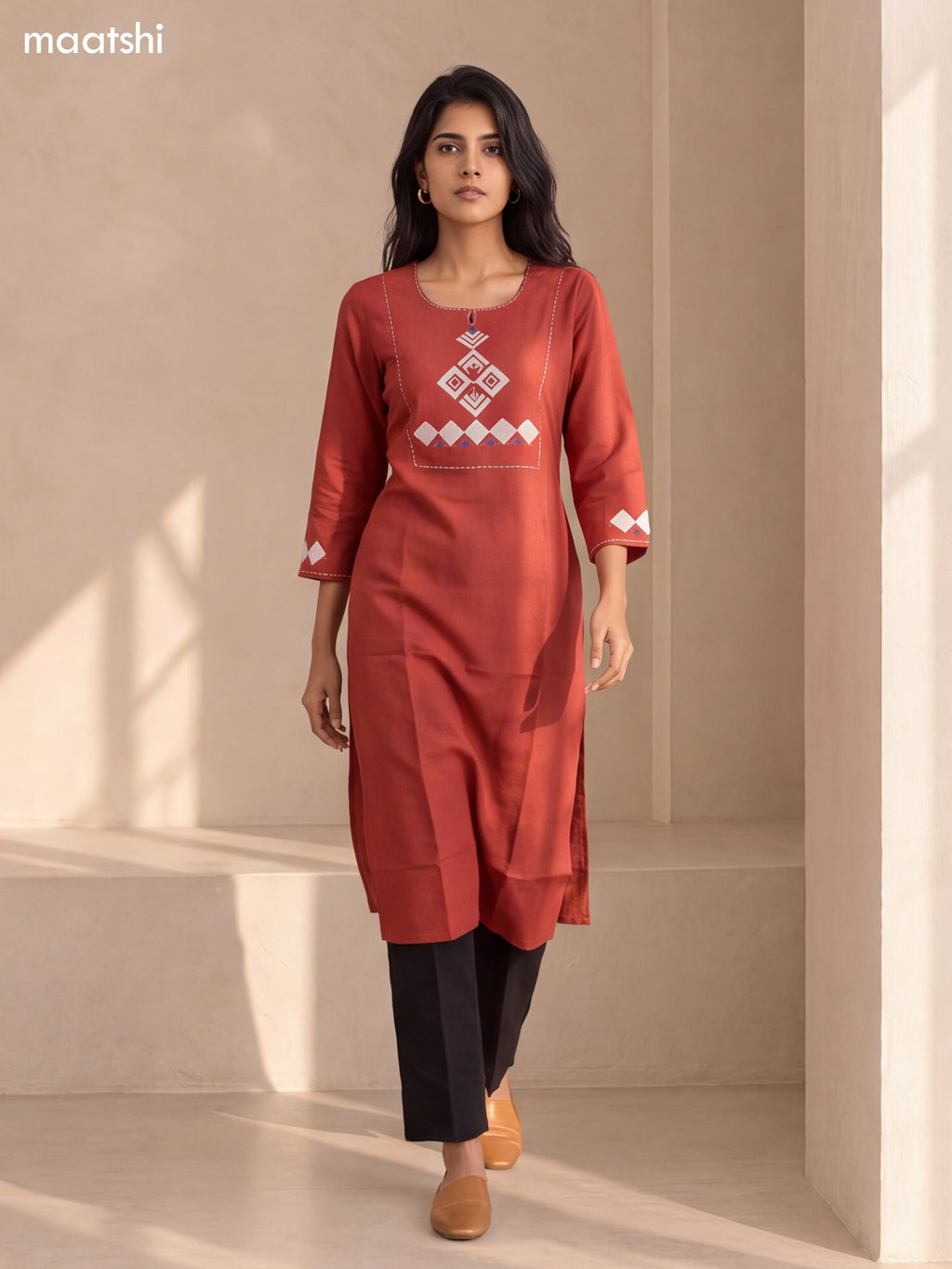 Rust and Biege Cotton Embroidery Work Straight Kurti