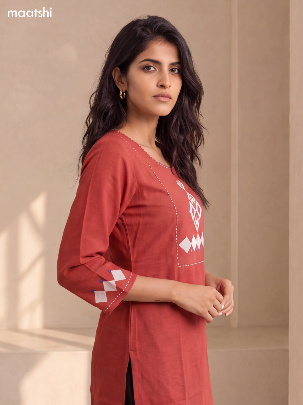 Rust and Biege Cotton Embroidery Work Straight Kurti