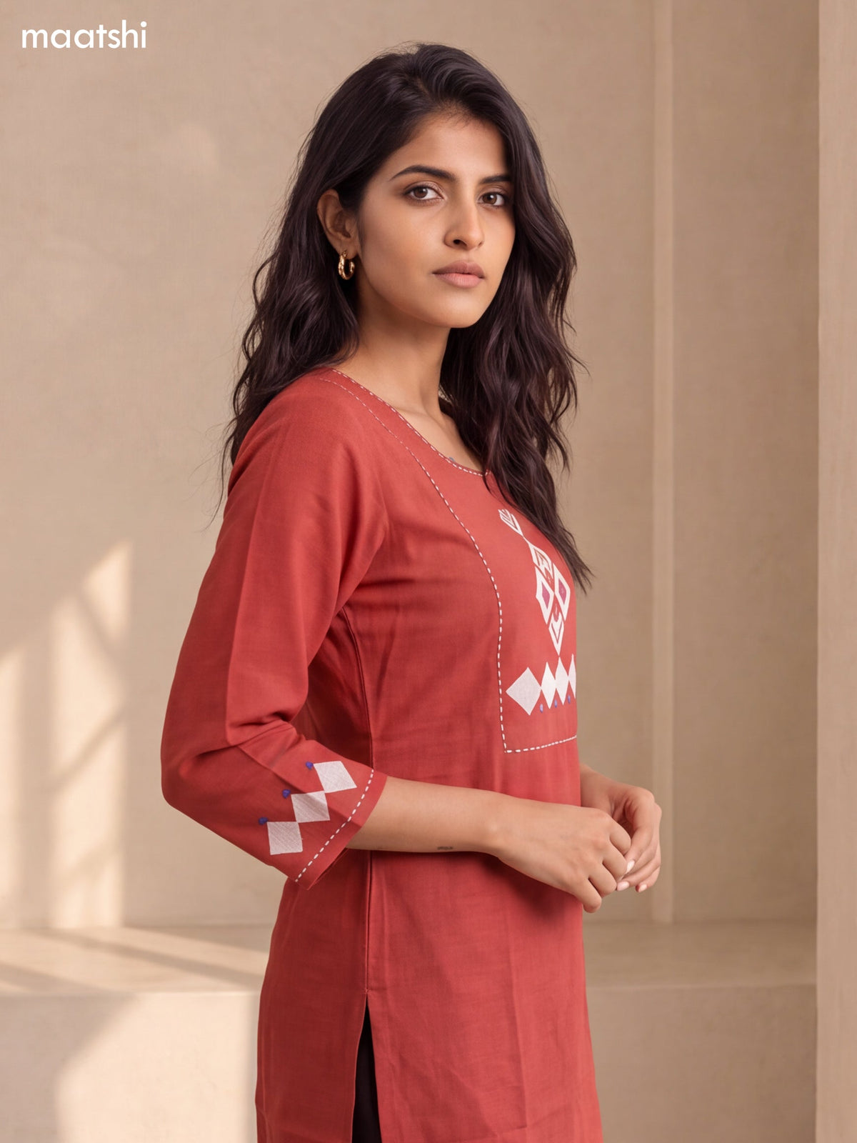 Rust and Biege Cotton Embroidery Work Straight Kurti