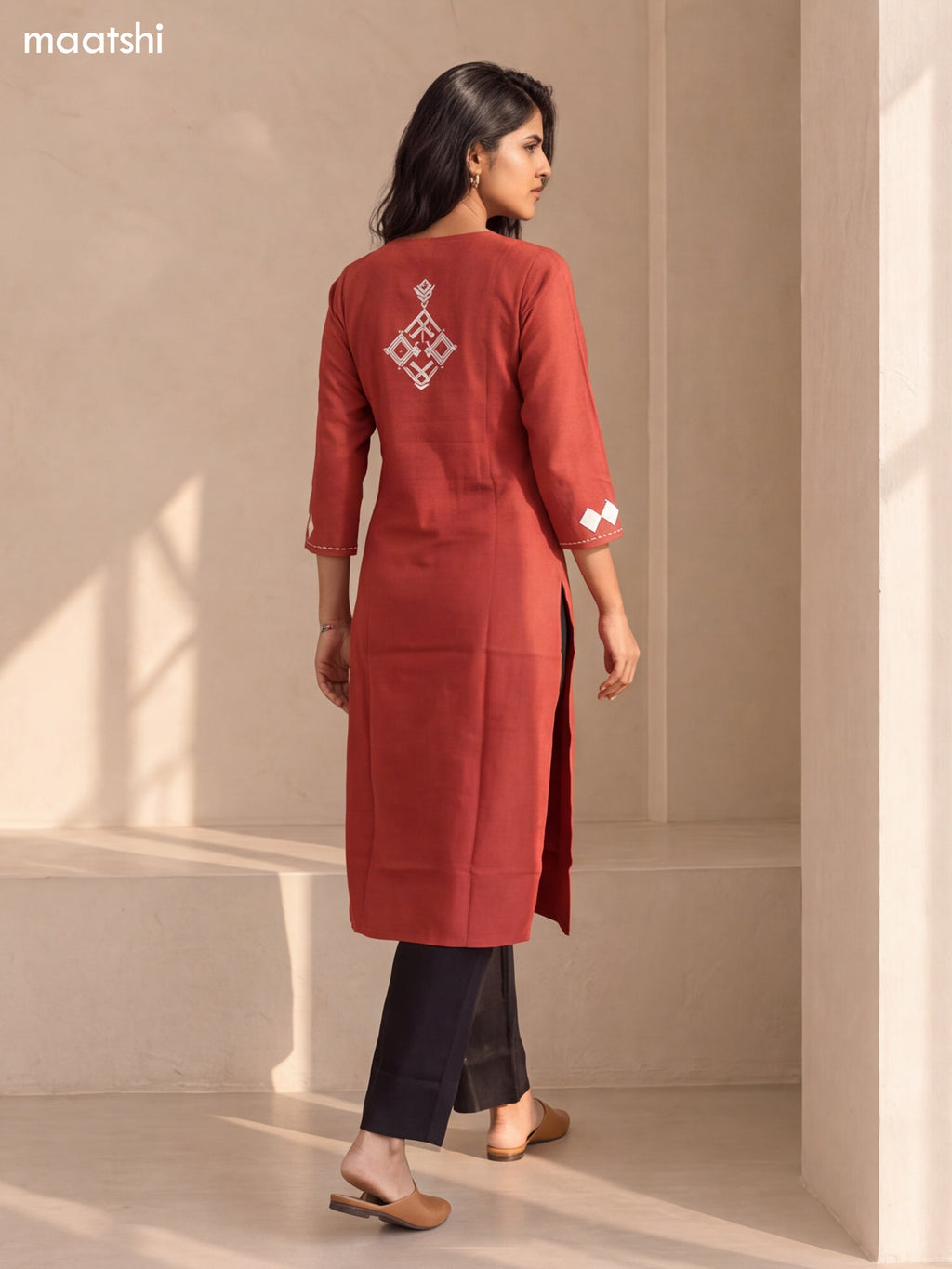 Rust and Biege Cotton Embroidery Work Straight Kurti