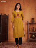 Mustard Yellow and Maroon Cotton Embroidery Work Straight Kurti
