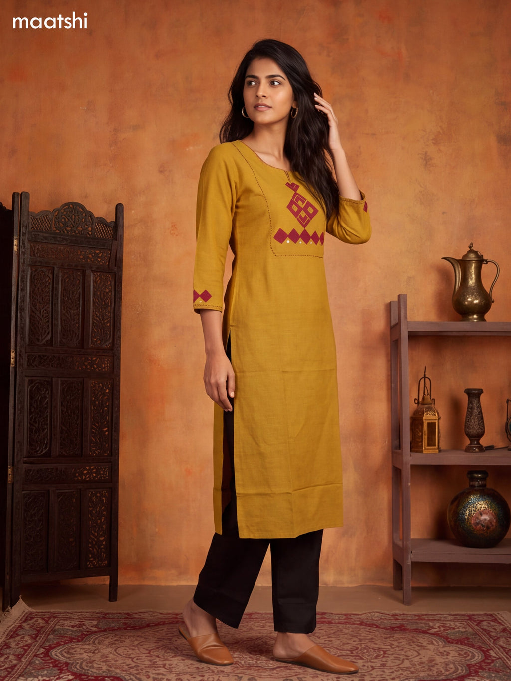 Mustard Yellow and Maroon Cotton Embroidery Work Straight Kurti