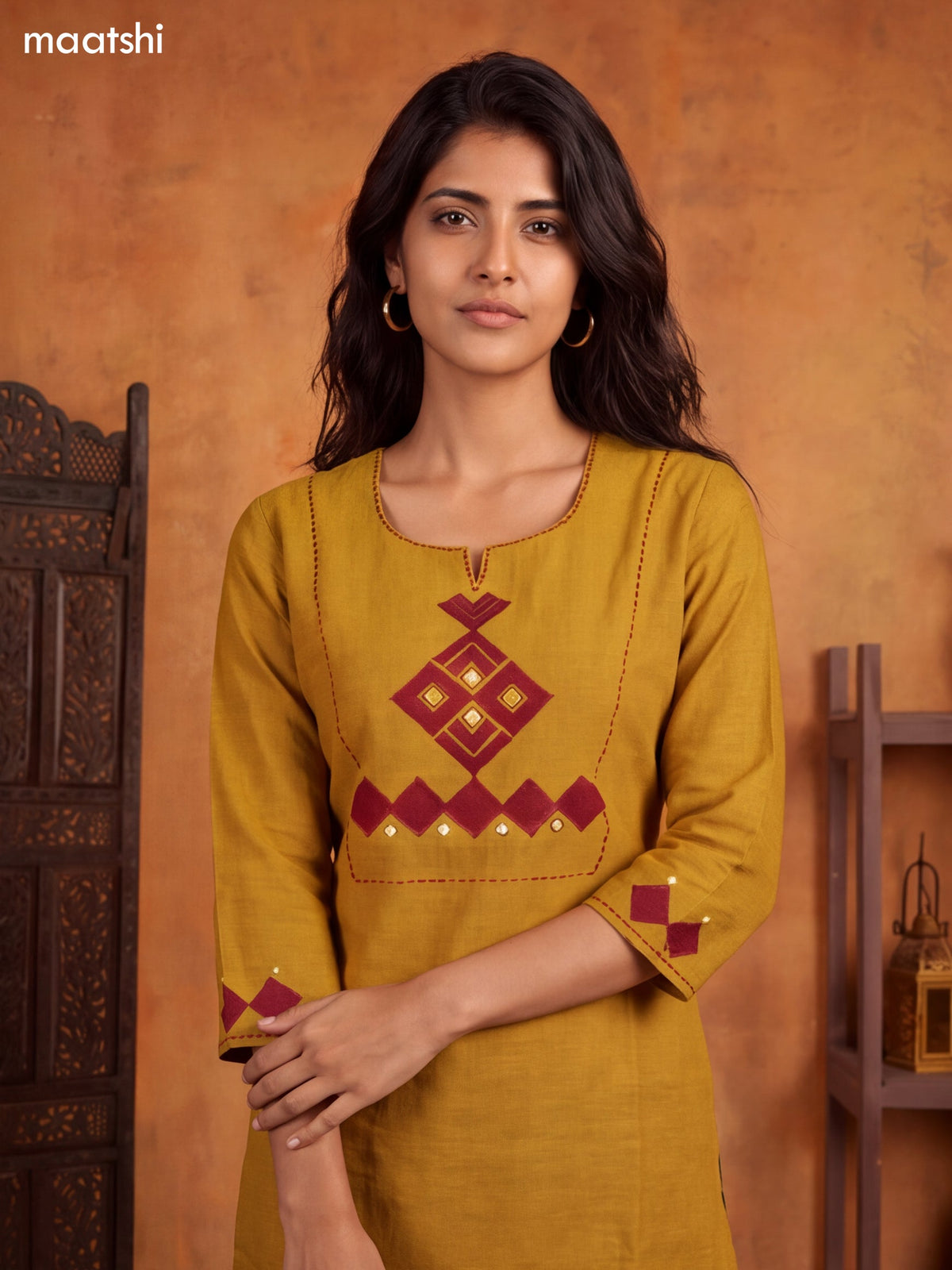 Mustard Yellow and Maroon Cotton Embroidery Work Straight Kurti
