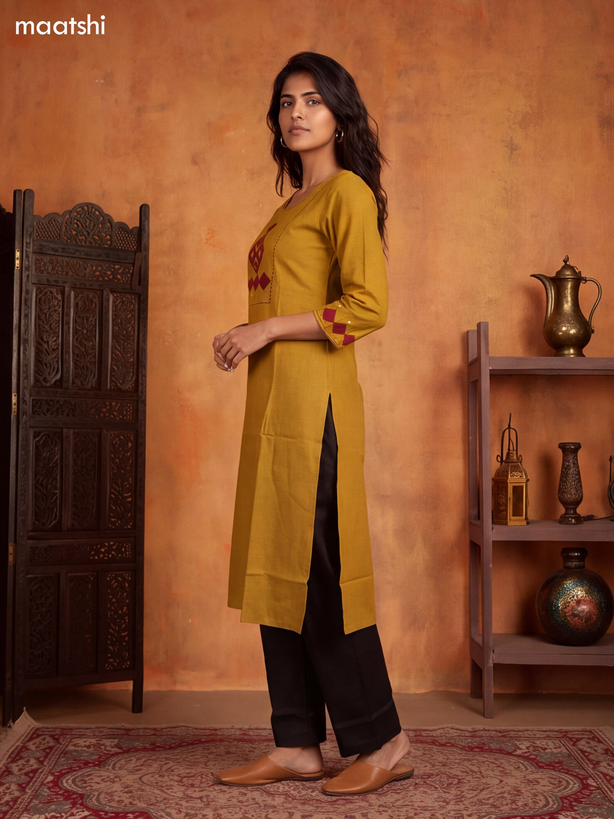 Mustard Yellow and Maroon Cotton Embroidery Work Straight Kurti
