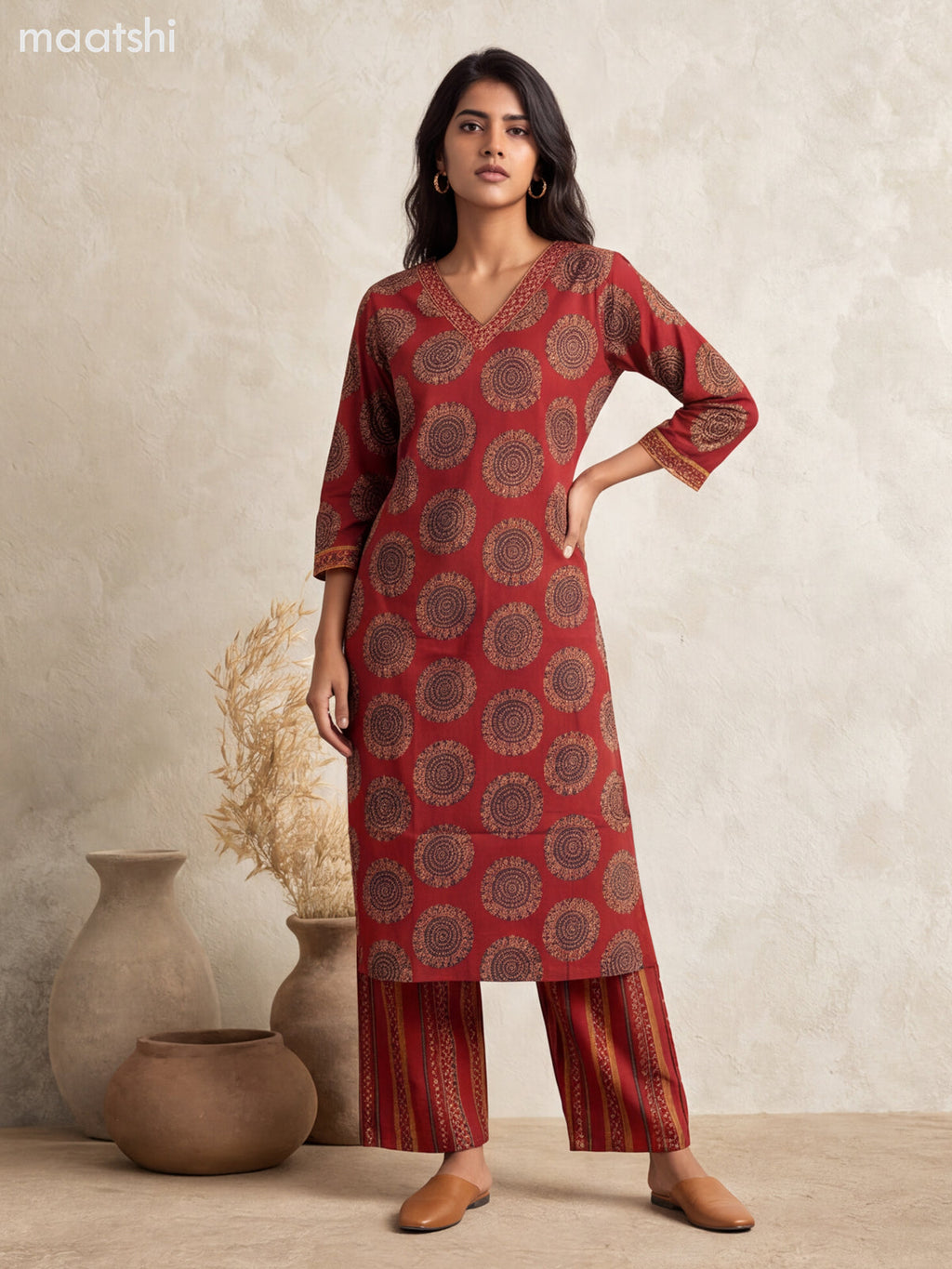 Maroon Cotton Printed & Embroidery Work Long Co Ord Set