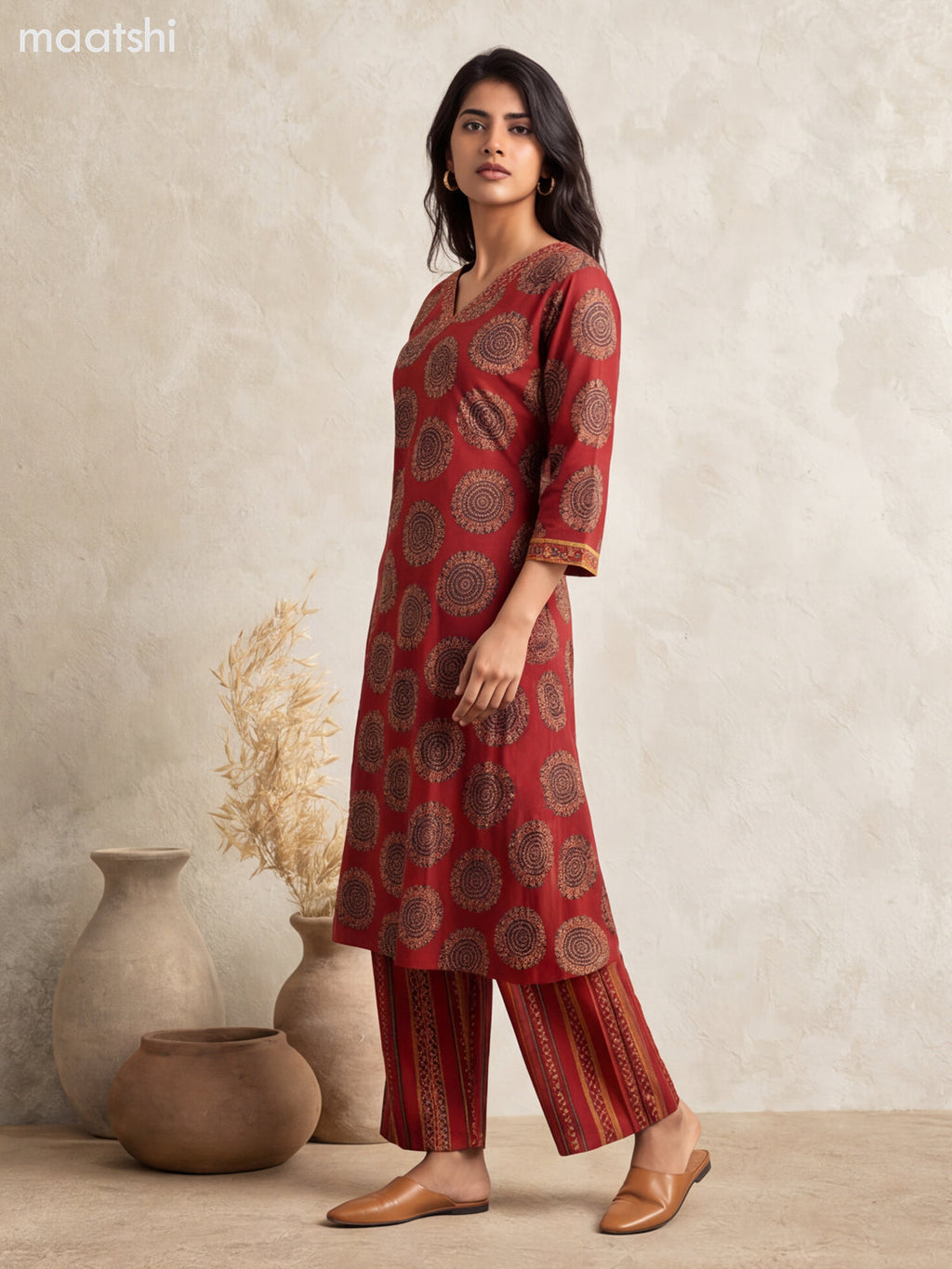 Maroon Cotton Printed & Embroidery Work Long Co Ord Set