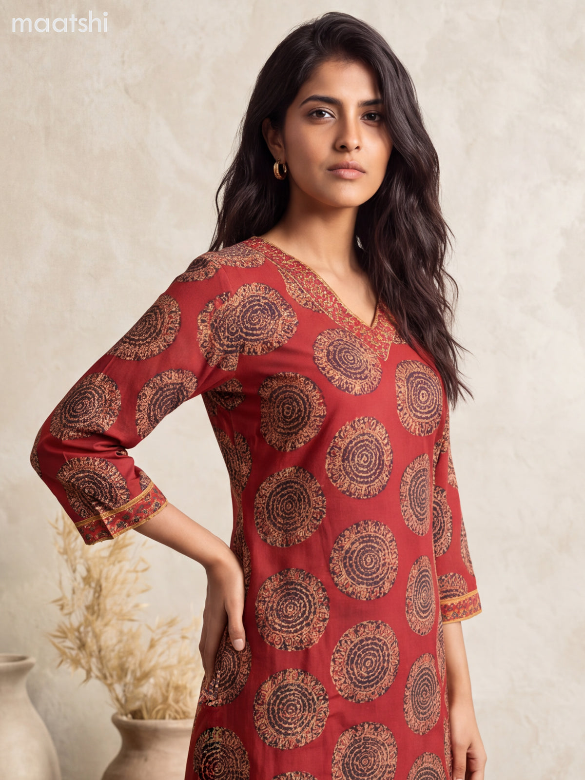 Maroon Cotton Printed & Embroidery Work Long Co Ord Set