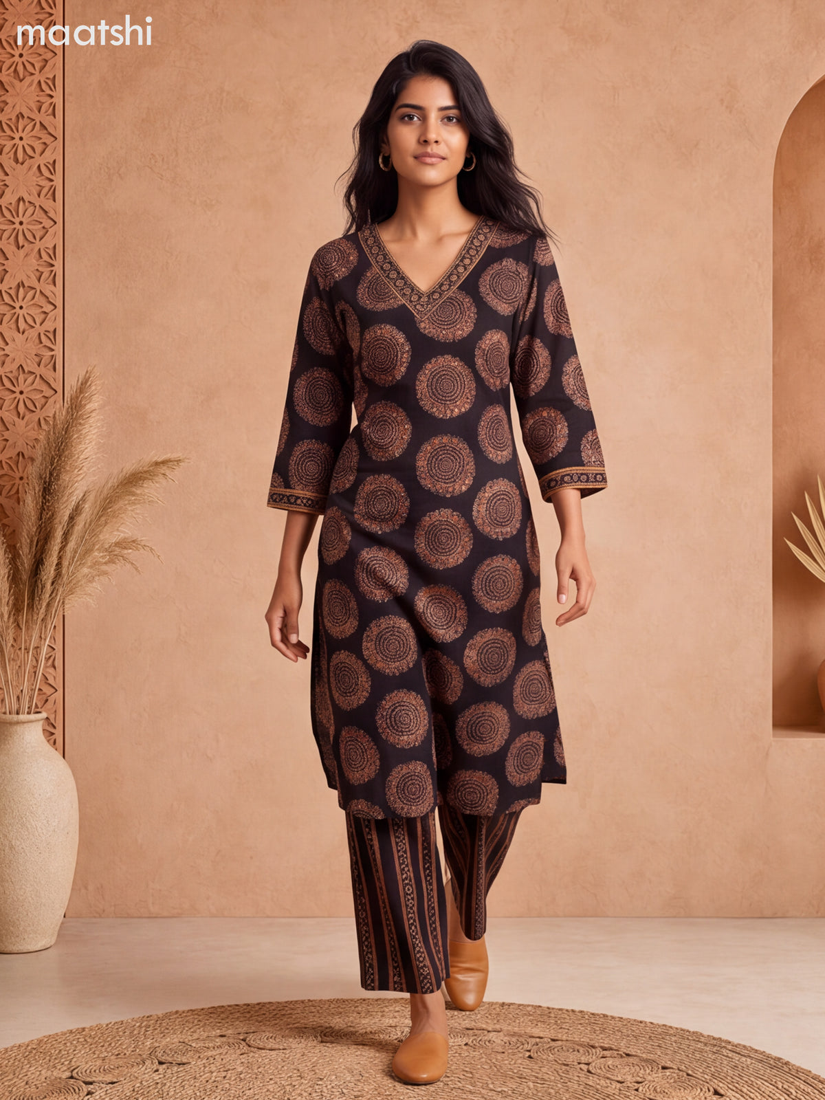 Black Cotton Printed & Embroidery Work Long Co Ord Set