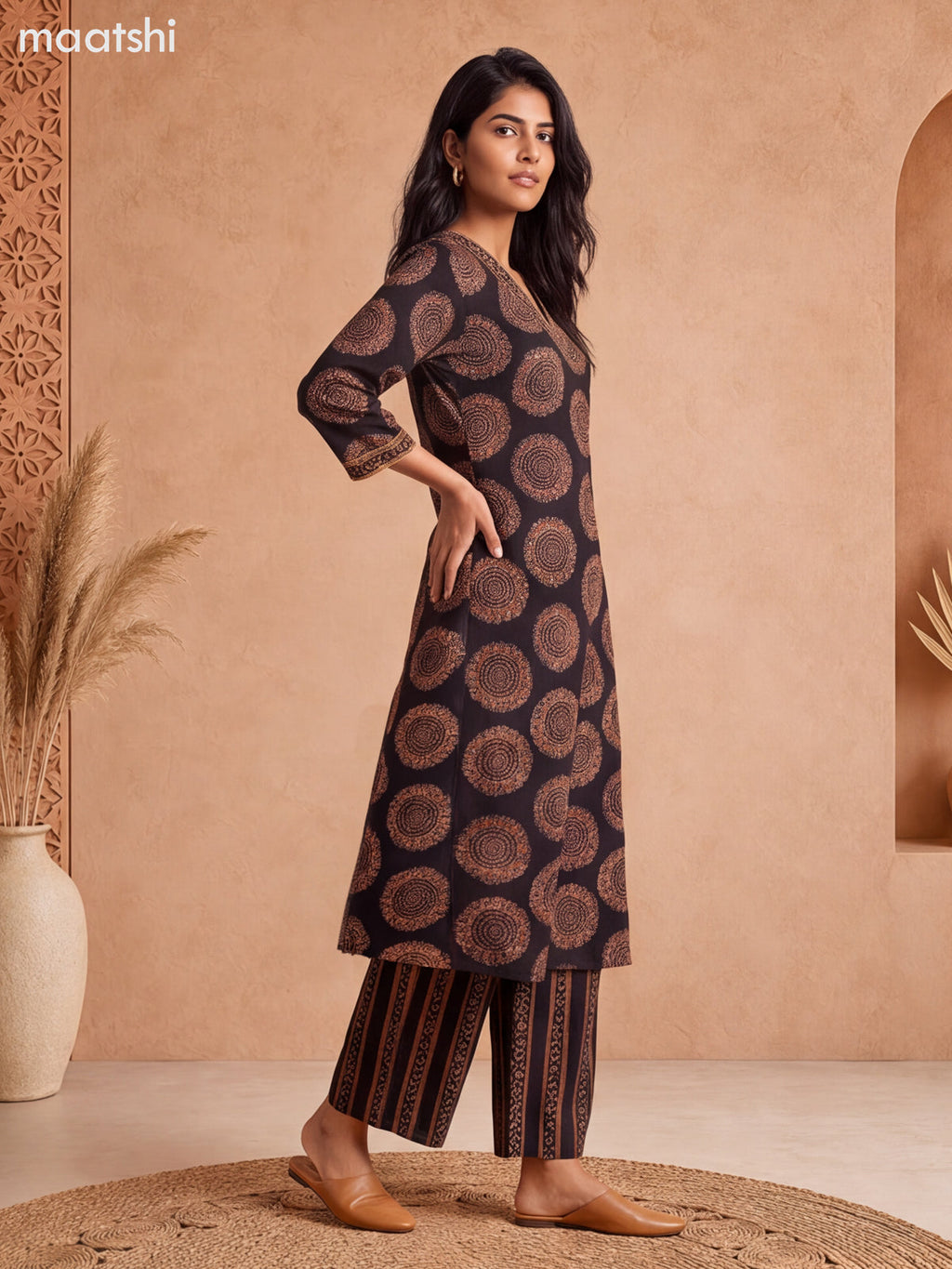Black Cotton Printed & Embroidery Work Long Co Ord Set