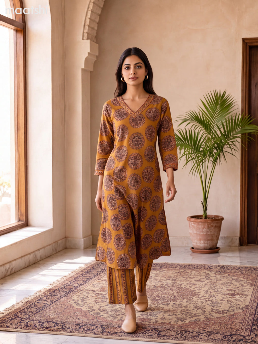 Mustard Cotton Printed & Embroidery Work Long Co Ord Set