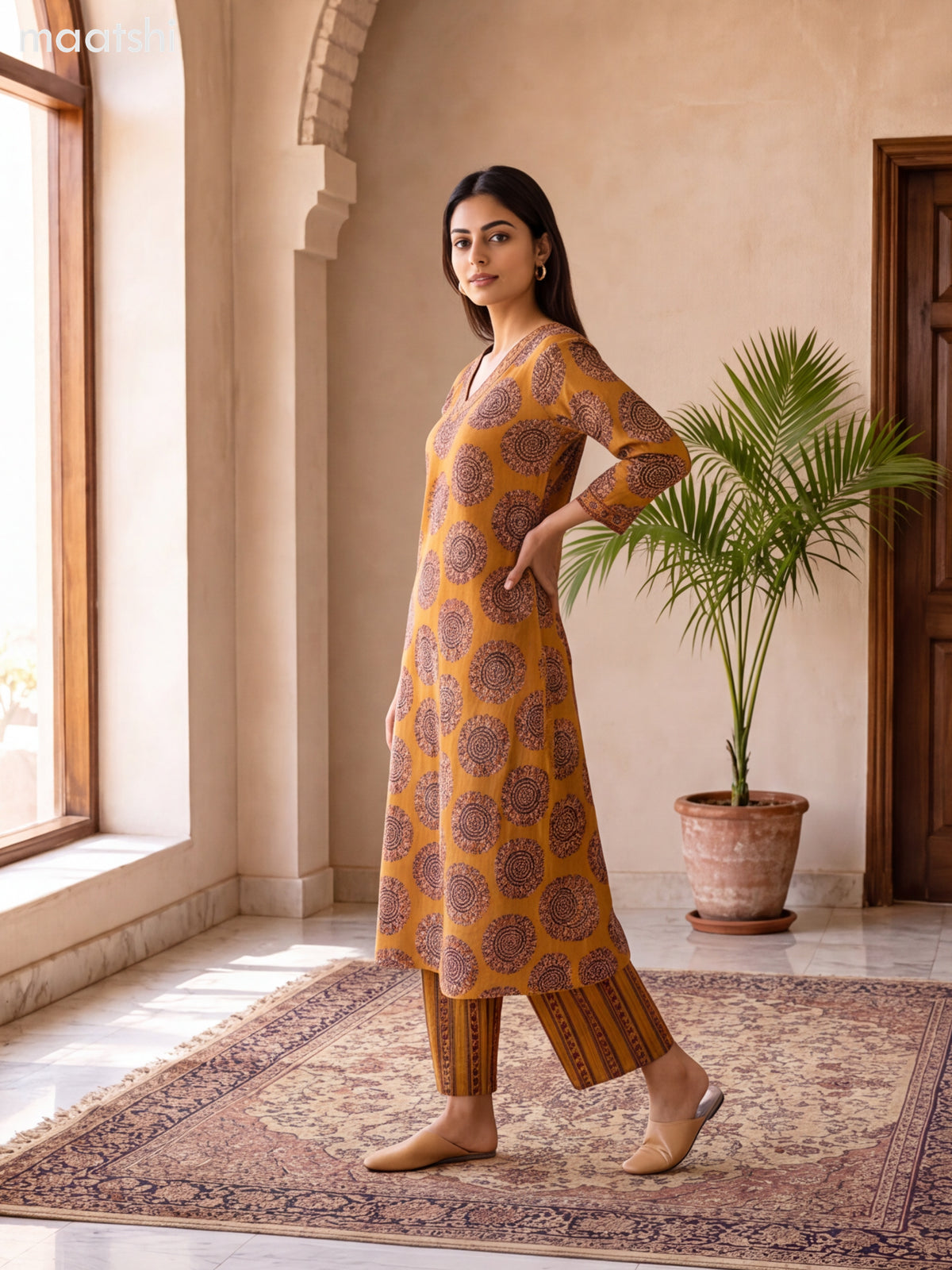 Mustard Cotton Printed & Embroidery Work Long Co Ord Set