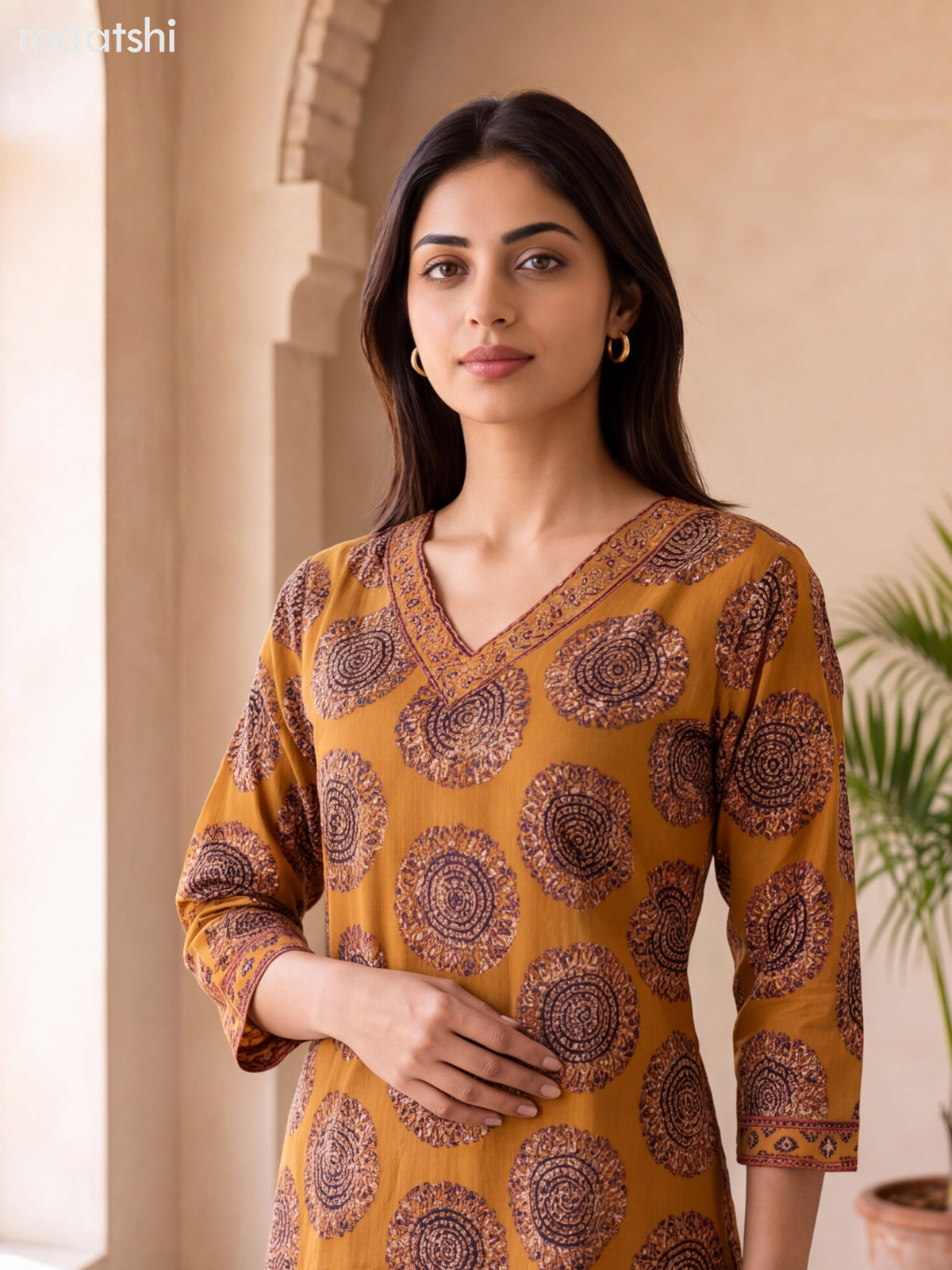 Mustard Cotton Printed & Embroidery Work Long Co Ord Set