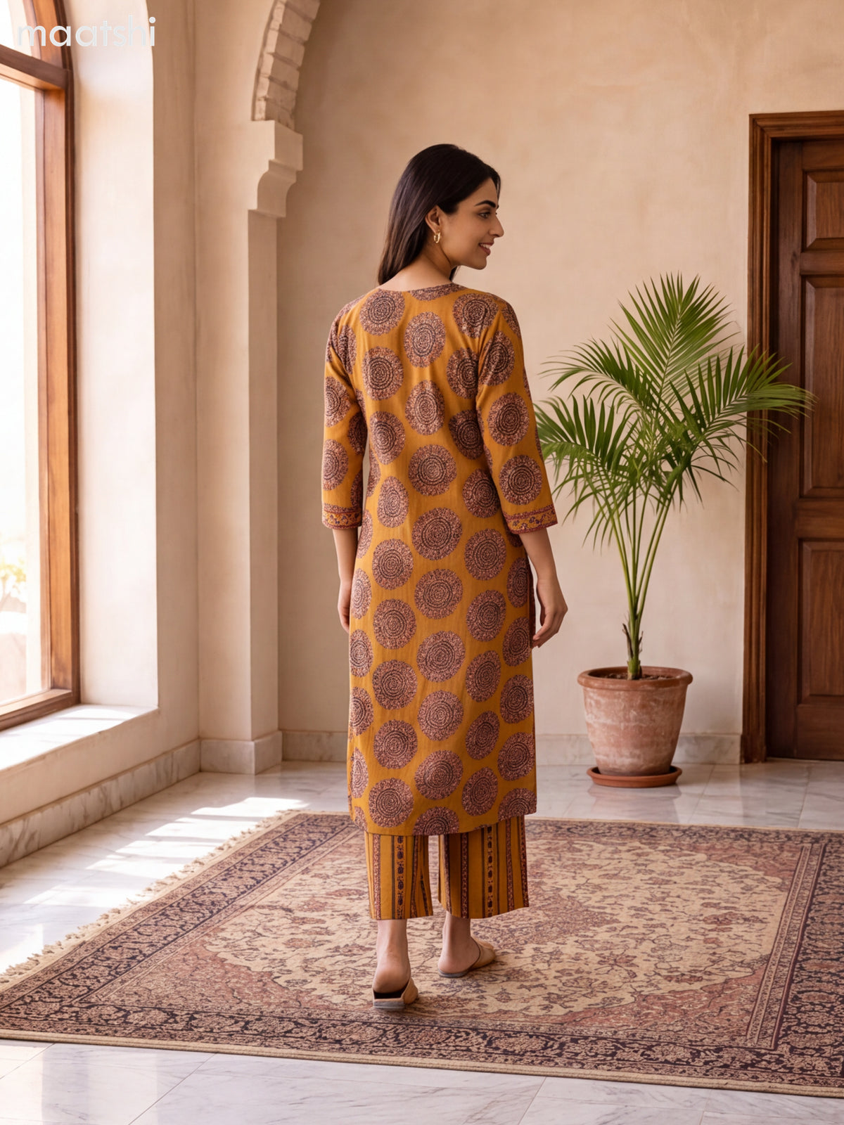 Mustard Cotton Printed & Embroidery Work Long Co Ord Set