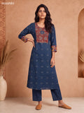 Blue and Maroon Cotton Floral Printed & Embroidery Work Kurti Set