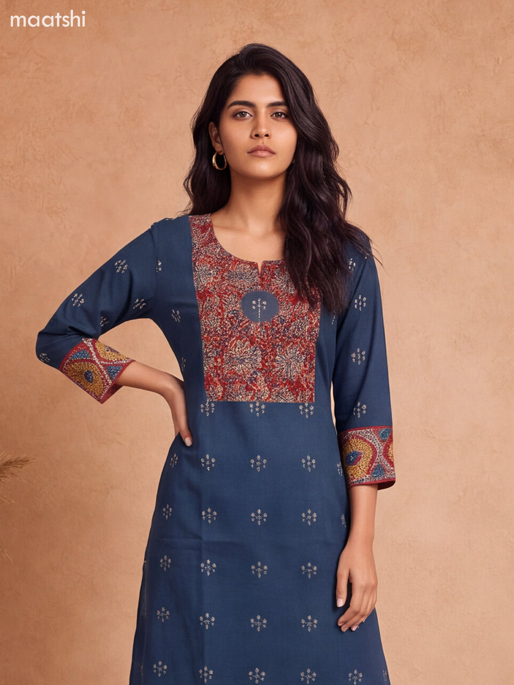 Blue and Maroon Cotton Floral Printed & Embroidery Work Kurti Set