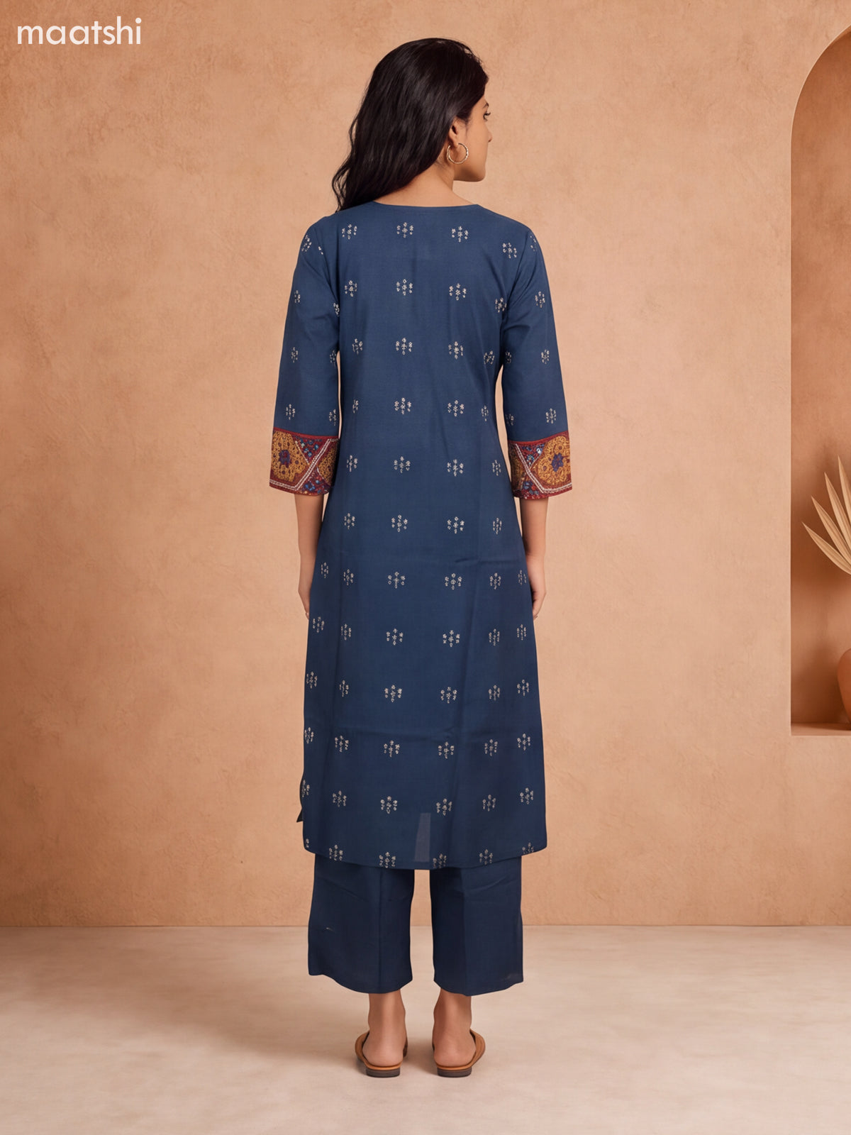 Blue and Maroon Cotton Floral Printed & Embroidery Work Kurti Set
