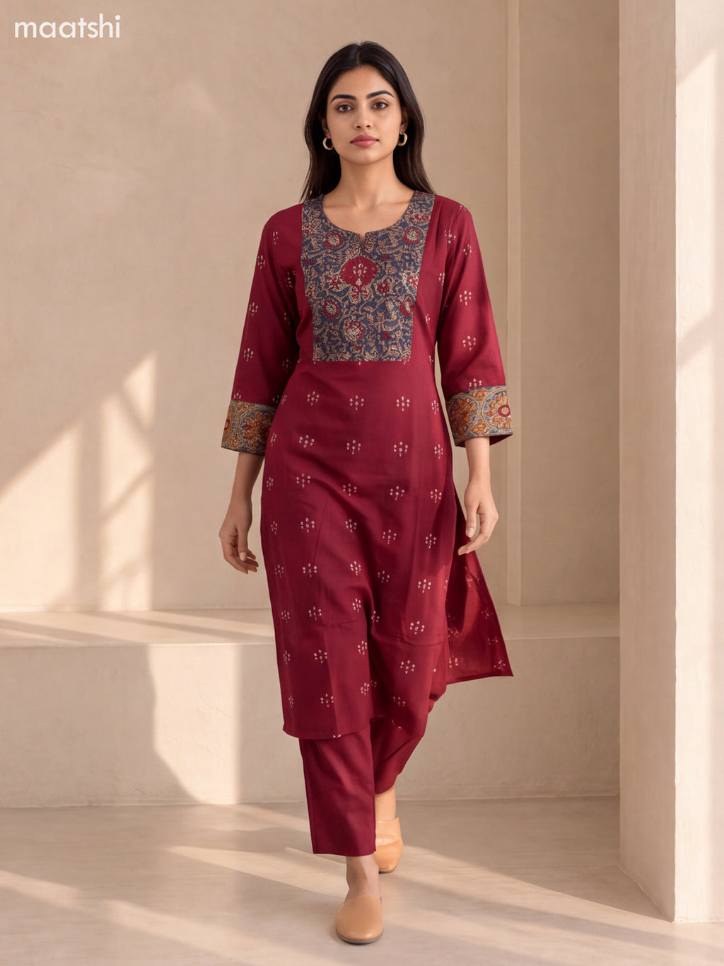 Maroon and Blue Cotton Floral Printed & Embroidery Work Kurti Set