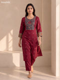 Maroon and Blue Cotton Floral Printed & Embroidery Work Kurti Set
