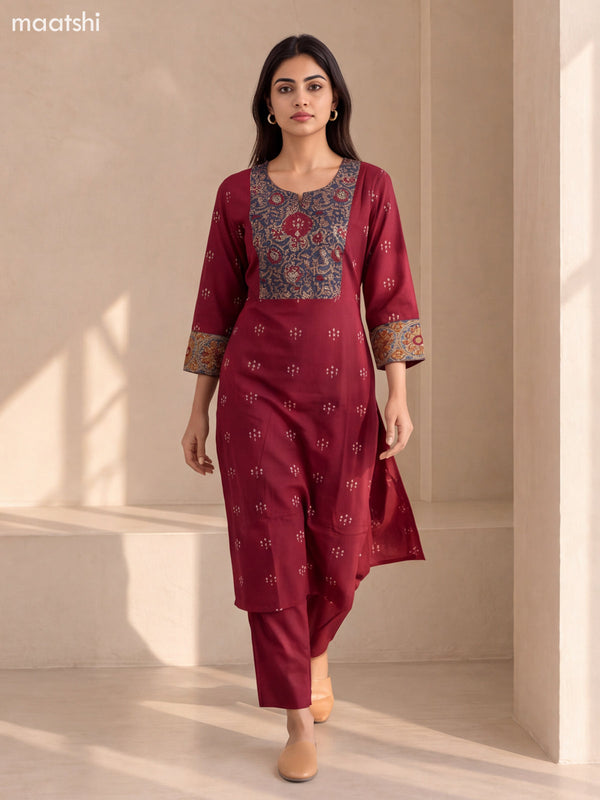 Maroon and Blue Cotton Floral Printed & Embroidery Work Kurti Set