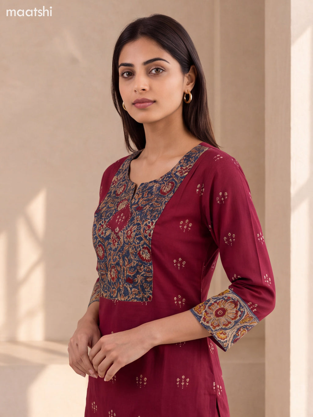Maroon and Blue Cotton Floral Printed & Embroidery Work Kurti Set
