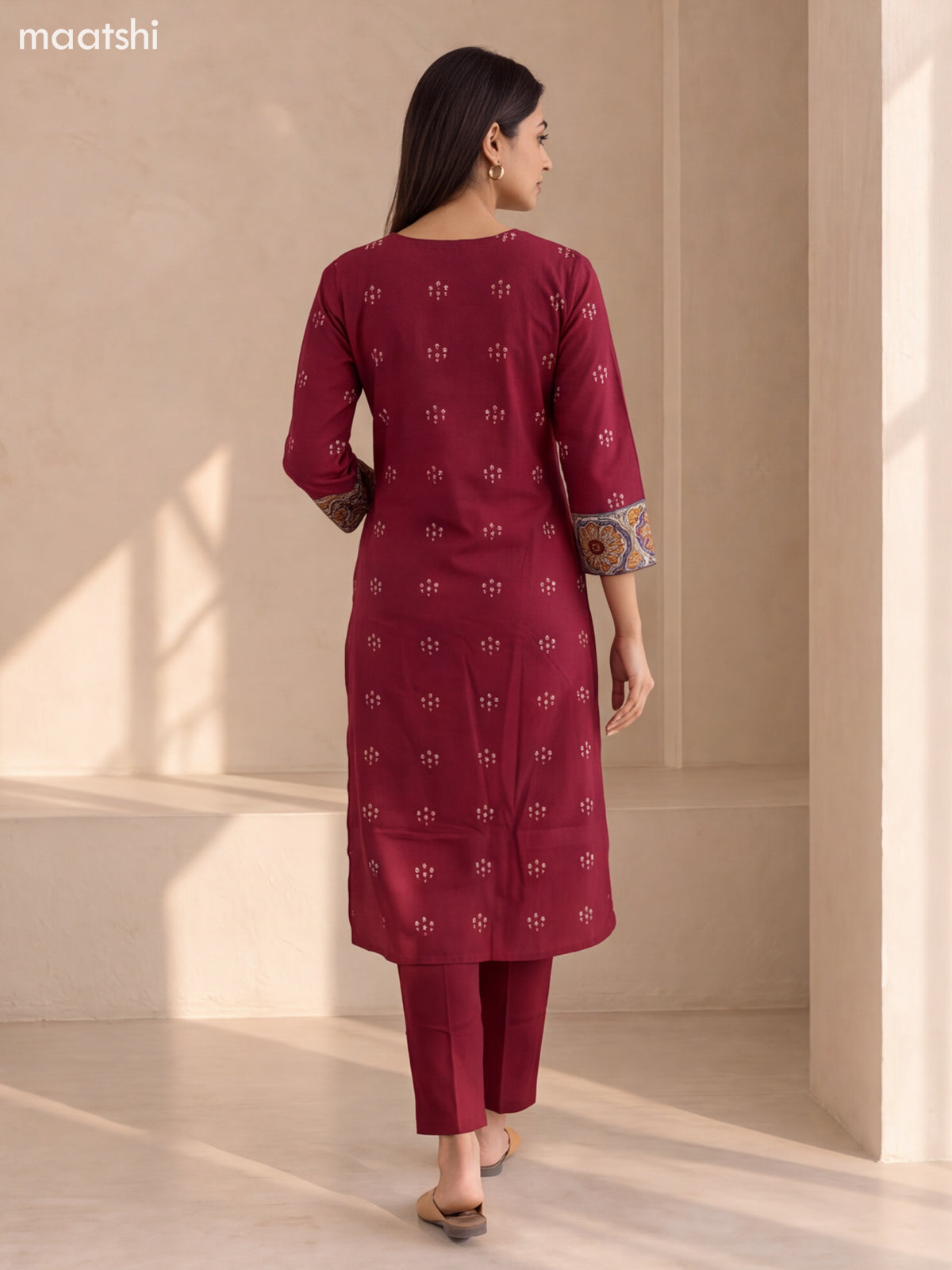 Maroon and Blue Cotton Floral Printed & Embroidery Work Kurti Set