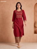 Maroon and Dark Sandal Cotton Printed & Embroidery Work Kurti Set