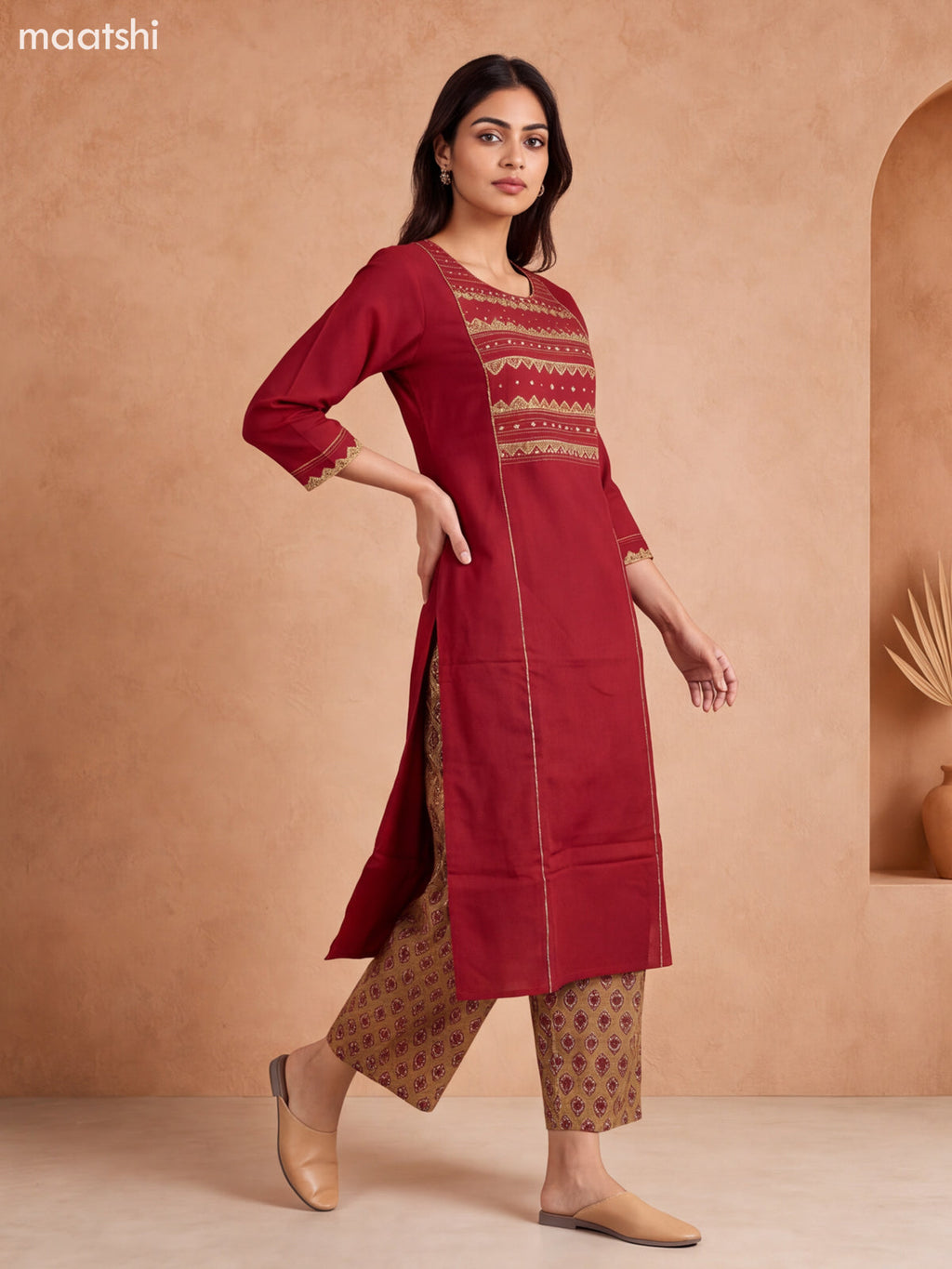 Maroon and Dark Sandal Cotton Printed & Embroidery Work Kurti Set