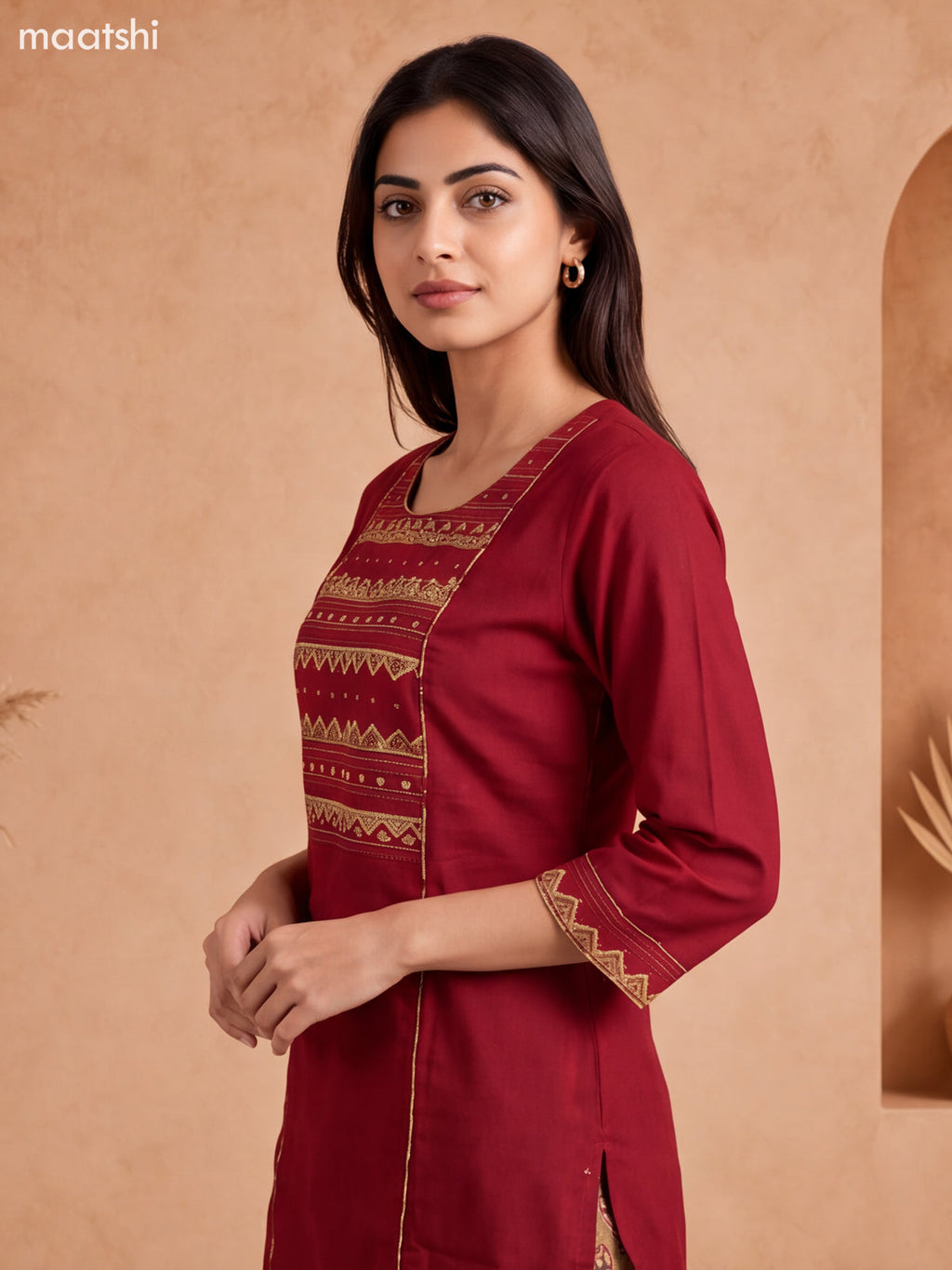 Maroon and Dark Sandal Cotton Printed & Embroidery Work Kurti Set