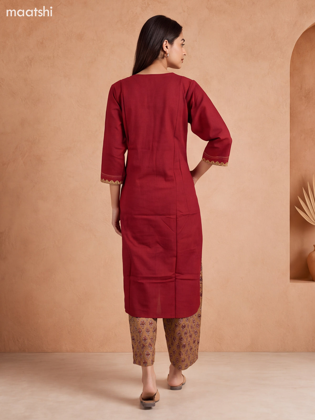 Maroon and Dark Sandal Cotton Printed & Embroidery Work Kurti Set